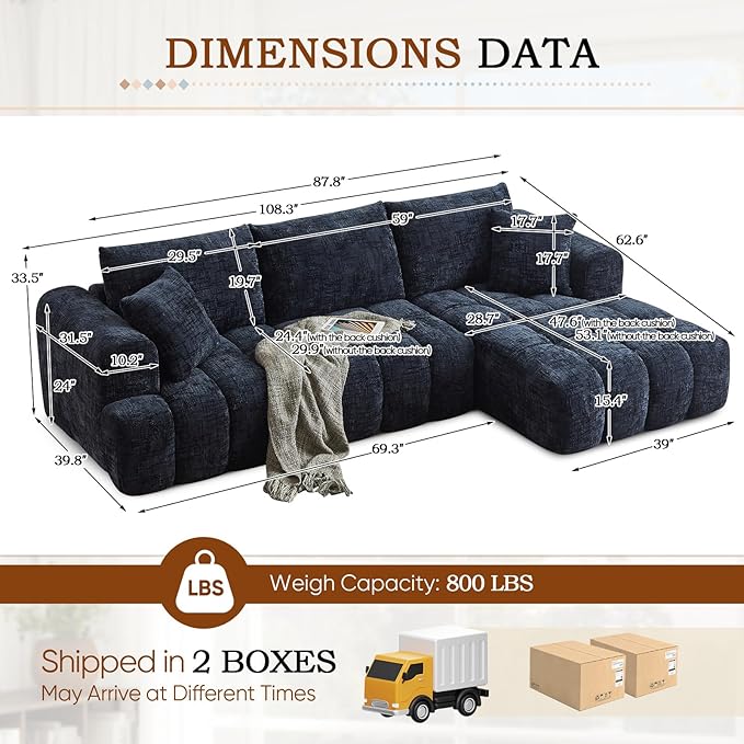 108 W Modular Sectionals SofaCloud Boneless Couch with ChaiseChenille Tufted Deep Seat L Shaped CouchModern Compression Foam Sofa for Living Room BedroomNo Assembly Required(Right FacingBlue)