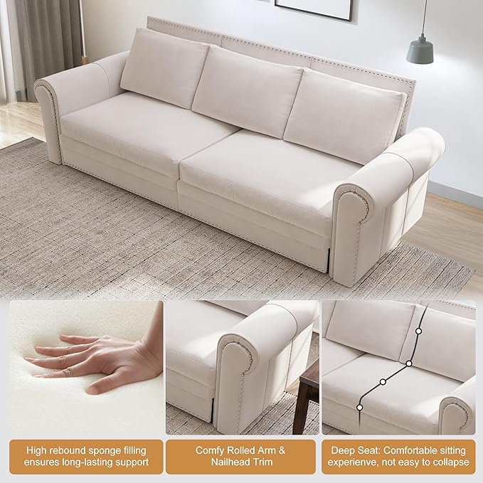 Oversized Sleeper Sofa Couch Convertible Sleeper Sofa Bed for Living Room Bedroom Classic 3-in-1 Pullout Couch Bed Chesterfield Style (Beige Without Ottoman)
