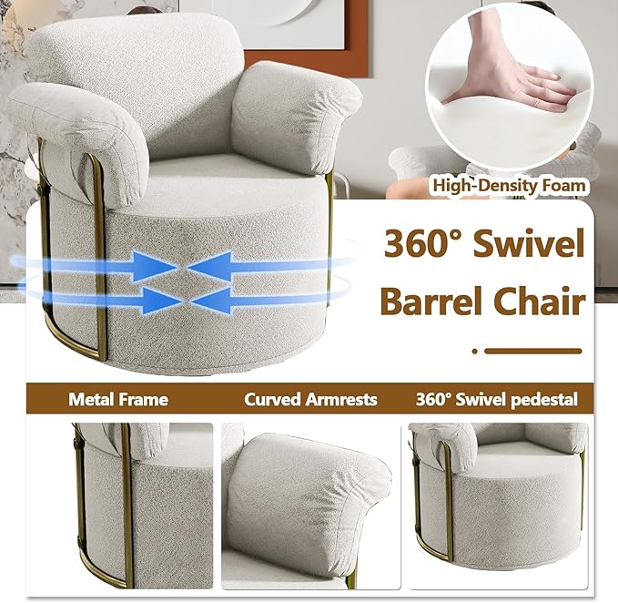 Swivel Accent Chairs for Living Room 360 Swivel Barrel Chair with Arm for Bedroom Upholstered Round Chair &amp Corner Chairs with Gold Frame for Small Spaces Chenille (Beige)