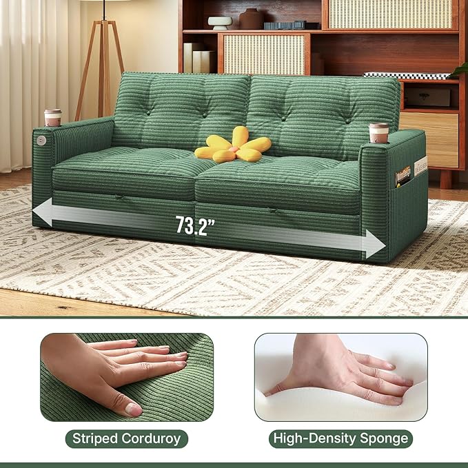 Rovibek 73.2 Convertible Sofa Bed Pull Out Couch with USB Charging Port &amp Cup Holders Adjustable Backrest Side Pockets Modern Corduroy Sleeper Sofa for Living Room Bedroom Apartment Green