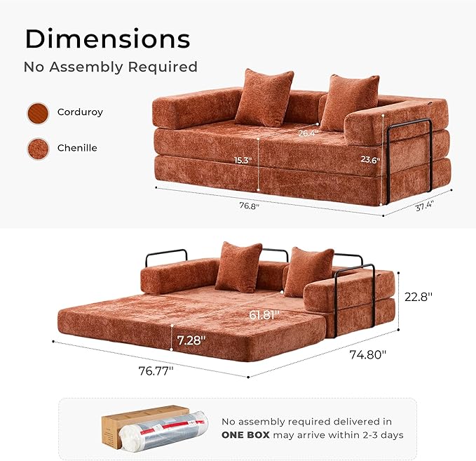 WELAX 77 Convertible Sleeper Sofa Bed Boneless Cloud Queen Futon Couches with 2 Pillows &amp Removable Armrests Chenille Folding Floor Couch No Assembly for Bedroom Living Room Orange