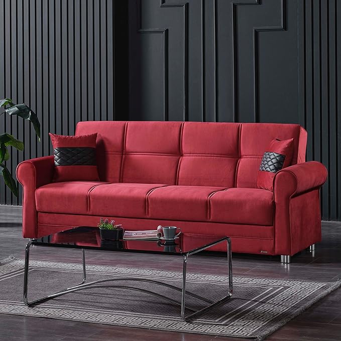 Sweet Home Stores 87 Convertible Sofa Bed with Storage Firm Fabric 3 Seater Upholstered Sleeper Sofa Couch Futon for Living Room Burgundy