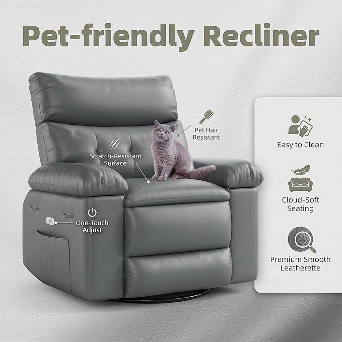IDEALHOUSE Recliner Chair 22 Wide Seat Recliner Oversized PU Leather Living Room Chairs Wipe Clean Manual Push-Back Reading Chair with Side Pocket Grey