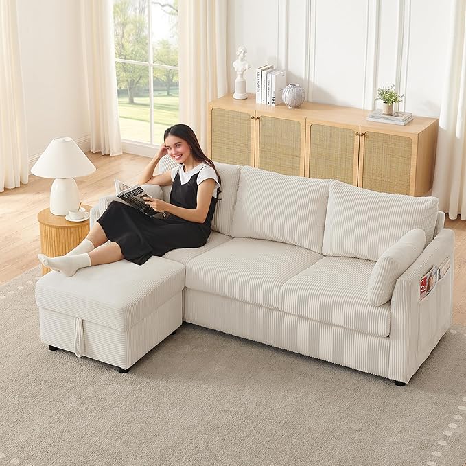 79 Small Couches with Storage Ottoman 3 Seat L Shaped Couch Sectional Sofa with Chaise Lounge for ApartmentDormBonus RoomCompact Spaces. (Beige 3+OTT)