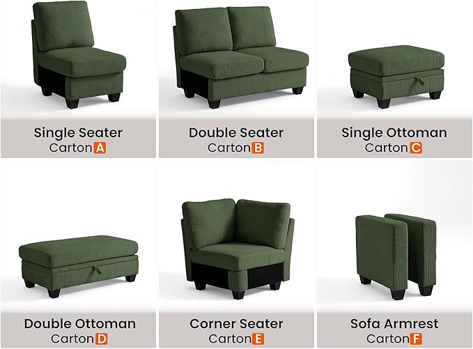 CHIC HOUSE Middle Module for Modular Couch Corduroy Customizable Chaise Storage Ottoman for Sectional Sofa Armrest Single/Double Seater