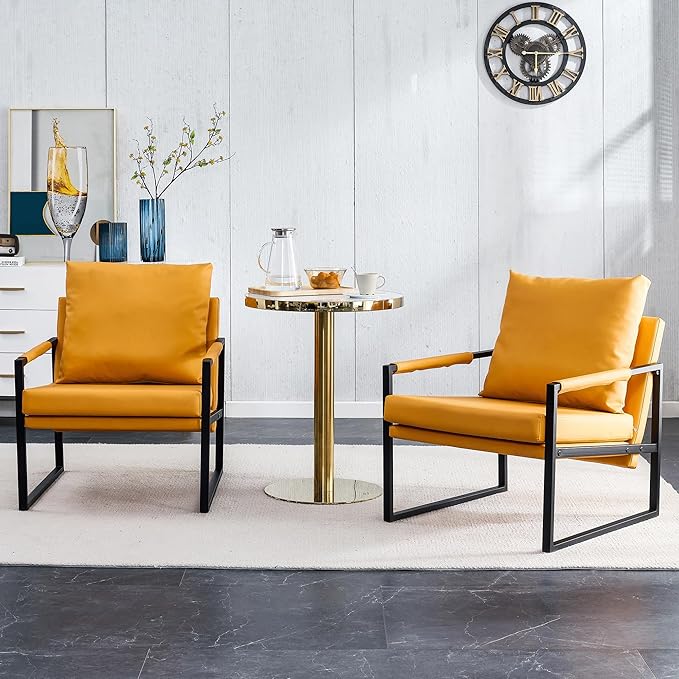 PU Leather Accent Arm Chair Mid Century Upholstered Armchair with Metal Frame Extra-Thick Padded Backrest and Seat Cushion Sofa Chairs for Living Room (Orange PU Leather + Metal Frame + Foam) SF-008
