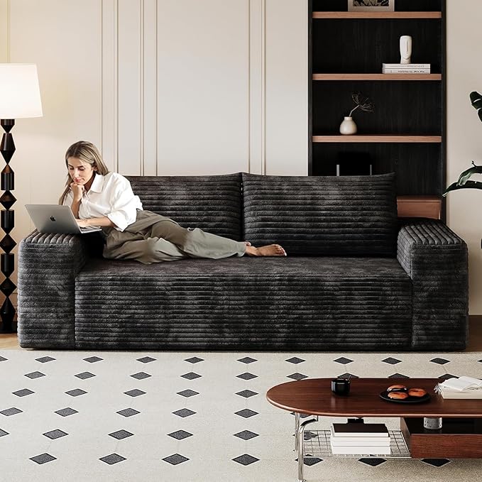 63 Cloud Loveseat Boneless Sofa Couch in a Box 2 Seater Foam Compression Couches Modern Living Room Floor Sofa Couch Corduroy Small Love Seat No Assembly Required Black