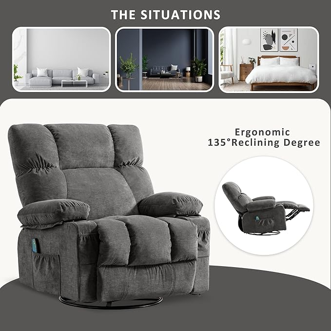 Fantasylab Recliner Chair with Vibration Massage &amp Lumbar Heating 360° Swivel Oversized Rocker Recliner with USB Charging Port Two Cup Holders &amp Side Pocket for Living Room
