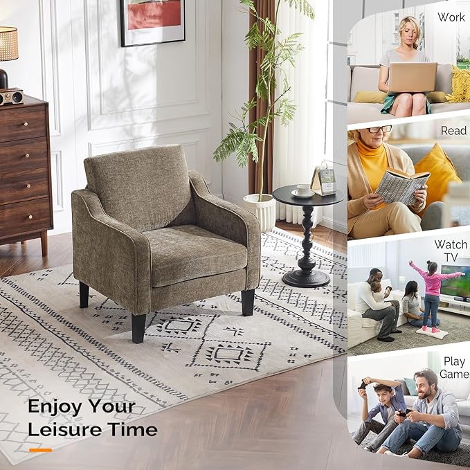 VINGLI Chair Light Brown Upholstered Chenille Accent Chair for Living Room Bedroom Mid-Century Modern Arm Chair Comfy Reading Chair with Scooped Arms