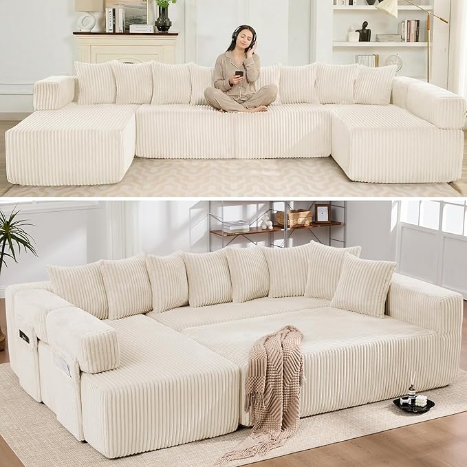 Oversized Cloud Boneless Couch 146 Modular Sectional Sofa with Deep Seat Chaise Fluffy U Shaped Couches for Living Room Comfy Plush Corduroy Sofa with 8 Pillows No Assembly Beige White