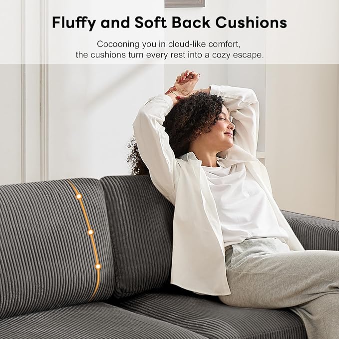 Tbfit 85 Corduroy Couch for Living Room 3 Seater Mid Century Modern Sofa with Spring Cusions &amp Extra Deep Seat for Bedroom Small Comfy Upholstered Couches Easy Assembly with Solid Wood Legs Gr