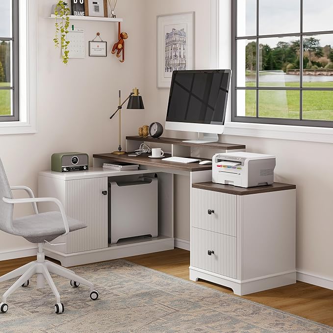 67 L Shaped Executive Desk with Drawers &amp Storage Shelf Corner Computer Desk with Power Outlets Home Office Desk with Monitor Stand Printer Shelf Computer Writing Desk for Work Antique White