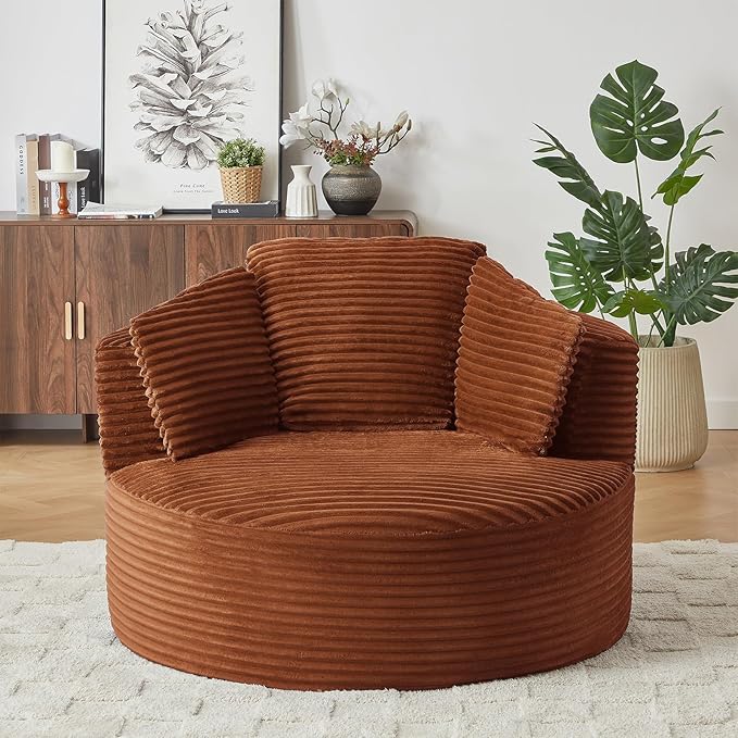 Round Chair Lounge Chaise Indoor 48.8 Oversized Sofa Chair Upholstered Corduroy Deep Seat Sleeper Sofa Bed No Assembly Required for Living Room Bedroom Apartment Orange