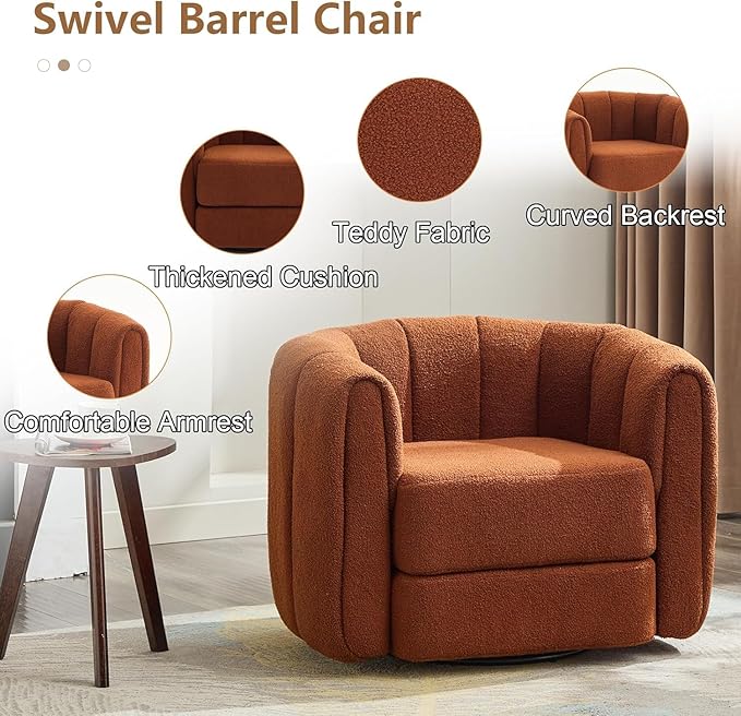 Swivel Accent Chairs for Living Room Teddy Fabric 360 Degree Round Swivel Barrel Armchair Pumpkin Shaped Single Club Sofa Recliner Chairs for Home Bedroom Apartment Office (Brown)