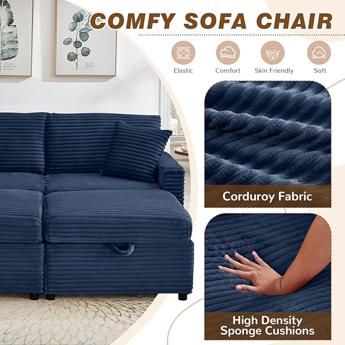 Chaise Lounge Chair Indoor 68 W Corduroy Loveseat Sectional Couch with Sorage Ottoman/Wing Table/Charge Ports/Cup Holder Modern Comfy Deep Seat Reading L-Shape Sofa for Living Room Blue