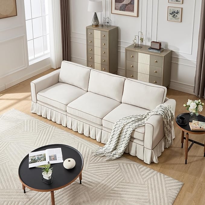 3 Seats Modular Sectional Sofa Couch 98 Modern White Linen Fabric Cloud Couches with Skirts &amp Washable Covers Oversized Upholstered Accent Sofa Couch with Deep Seat &amp Pillow for Living Room