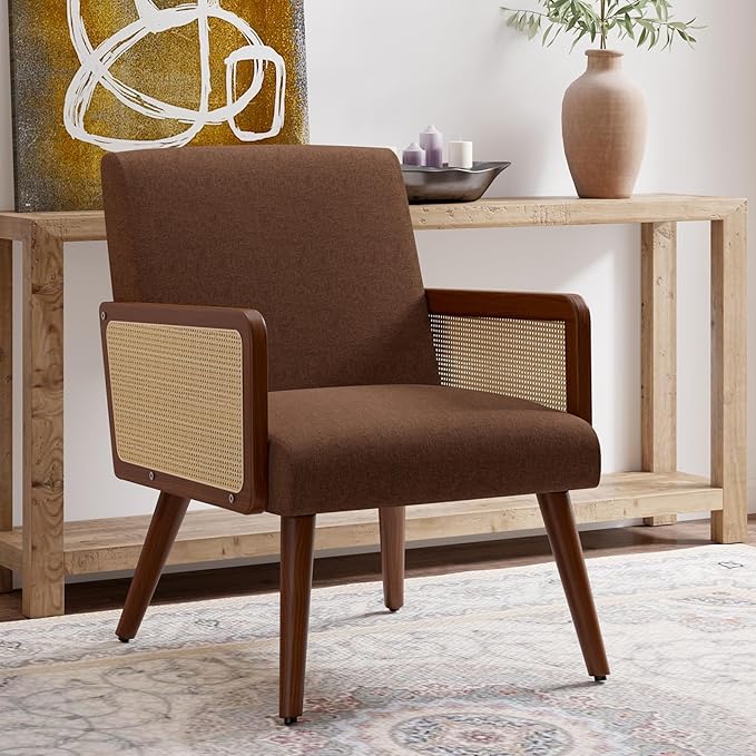 Rattan Arm ChairAccent Chair for Living Room Modern Dinning Chair for Kitchen Lounge Chair Indoor for Reading Room Brown