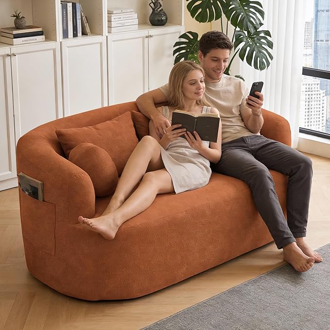 Loveseat Sofa 67.3 Boneless Curved Sofa Filling with Foam and Spring Chenille Small Love Seat for Small Spaces 4 Pillows and Side Pocket Living Room Apartment Bedroom No Assembly