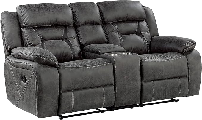 Homelegance Reclining Loveseat Polished Microfiber Manual Double Recliner Loveseat with Center Console Gray