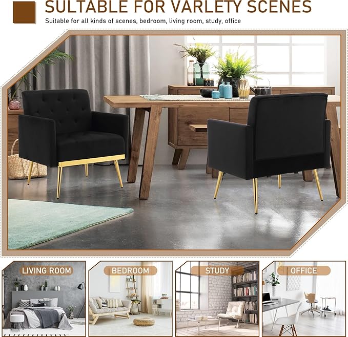Velvet Accent Chairs Set of 2 Modern Button Tufted Armchair with Metal Legs Small Comfy Upholstered Single Reading Club Chair for Living Room Bedroom Office Decorative(Black)