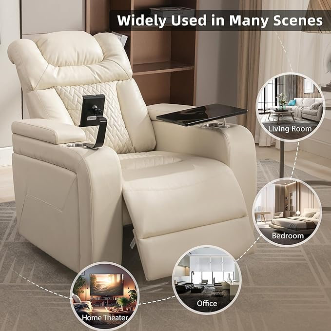 Beige Power Recliner Chair with Cupholders &amp Storage - Armchair Electric Reclining with USB Port 360° Swivel Tray Table Cell Phone Stand Ambient Lighting Leather Living Room Chair for Home The