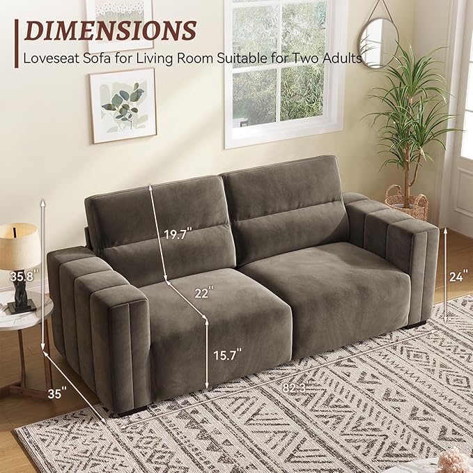 82 Inch Sofa with Extra Deep Seats Oversize Velvet Fabric 2 Seater Sofa for Living RoomModern Couch and Loveseat Comfy Armrests and Seats and Backrests Easy Installation Dark Gray