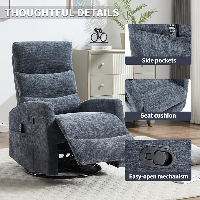 Swivel Recliner with Heat and Massage Rocker Recliner Chair for Living RoomGlider Recliner Nursery Chair with Black Metal Base/Adjustable Backrest and Footrest (Fabric Blue)