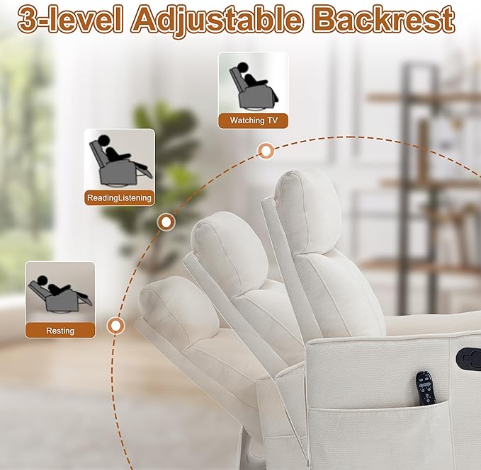 Manual Swivel Rocker Recliner Chair for Adults Overstuffed Glider Chair for Nursery with Massage and Heat Living Room Reclining Chair Fabric Beige