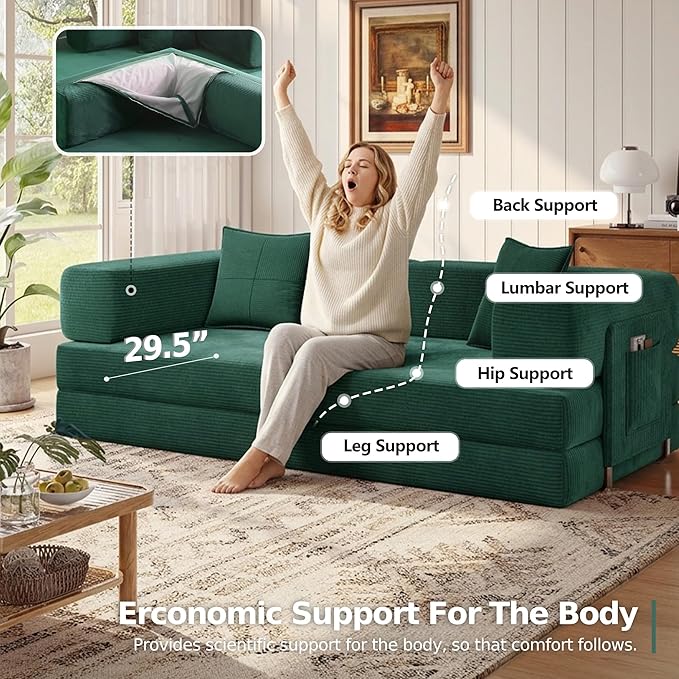MoonSpeak 78.8''Sleeper Couch Bed for LivingroomConvertible Modular Sofa with Armrest PillowModular Foldable Corduroy Couches in a BoxNo Assembly (Emerald Green)