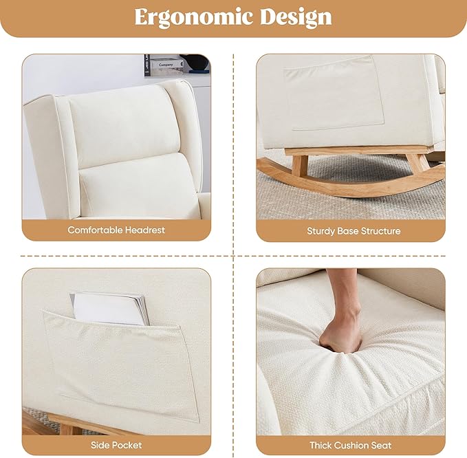 Nursery Rocking Chairs Rocking Chair Nursery for Mom Nursery Rocker with High Backrest and Solid Wood Legs Modern Wingback Accent Chair Set of 2 for Reading Living Room Bedroom Beige