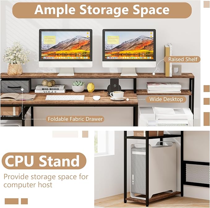 Tangkula 67 Computer Desk with Monitor Stand &amp File Drawer Large Home Office Desk with Power Outlets &amp USB Ports Long Workstation with Storage Shelves Study Writing Desk Gaming Desk Rusti