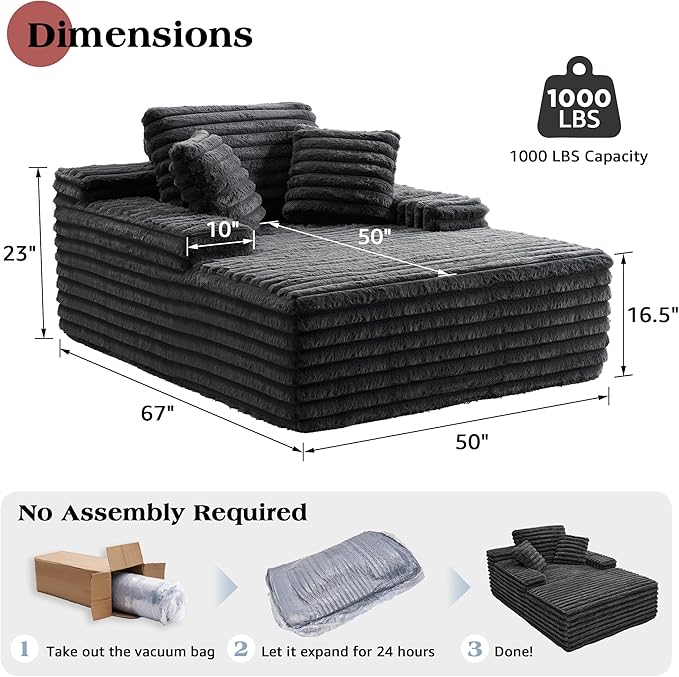 Jocisland 67 inch Chaise Lounge No-Assembly Sofa Chaise with Throw Pillows and Armrests Faux Fur Sleeper Sofa for Living Room Apartments Gray