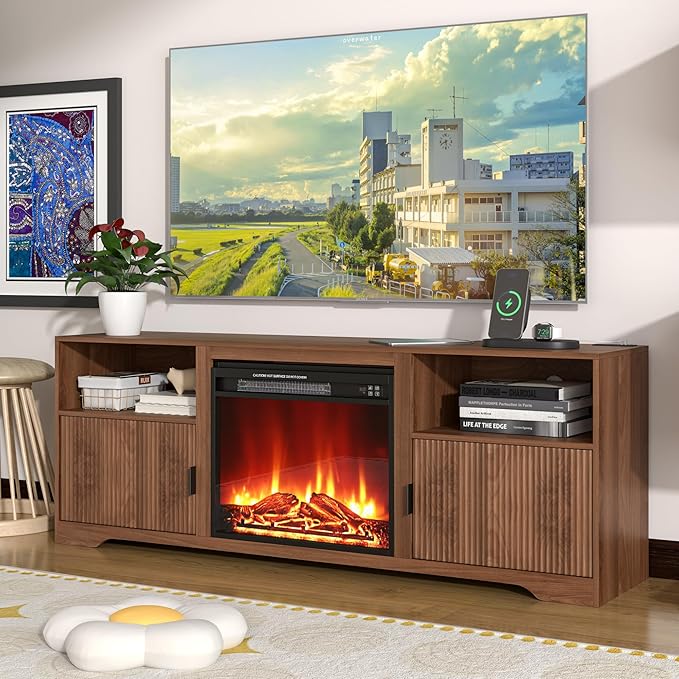Fireplace TV Stand for Television up to 80 InchEntertainment Center with Adjustable ShelfMid-Century Modern Fluted TV Stand with 23 Electric FireplaceMedia Console for Living RoomBedroom