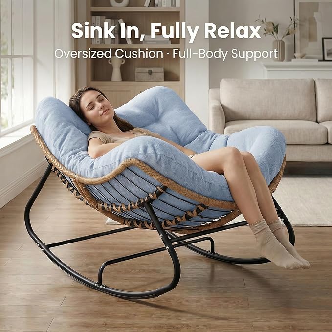 SWITTE Outdoor Rocking Chair Oversized Patio Papasan Rocker Comfy Wicker Reading Lounge Indoor Egg Chair for Bedroom Living Room Porch Garden Lawn-Light Blue