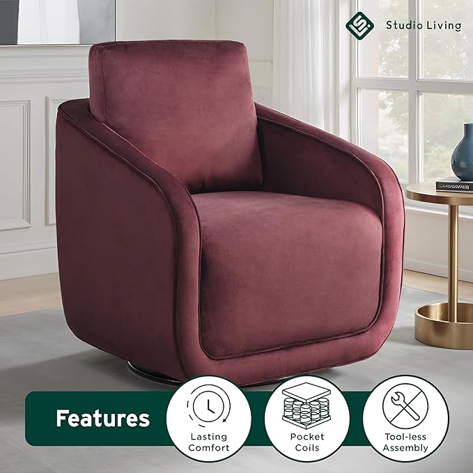 Studio Living® Lydia 35.3 Swivel Accent Chair Modern Boho Fully Assembled Pocket Coil Comfort Round Swivel Base Leg Soft Velvet Fabric Plum