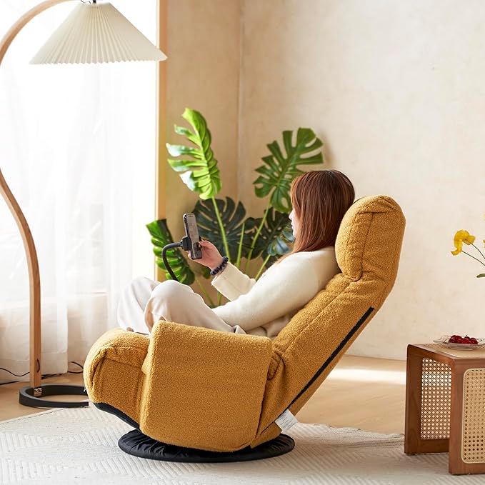 Gwen Upholstered 360° Swivel Chair Lounge Chair with Adjustable Backrest/Headrest Metal Frame Living Room Lounge Sofa and Phone Holder Comfy Bean Bag Chair Yellow