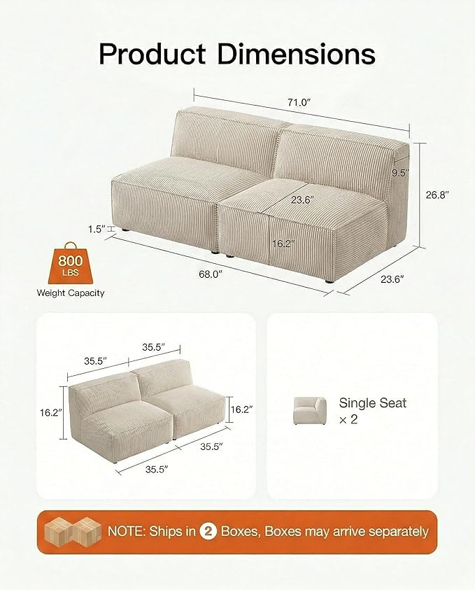 Pipishell Modular Sofa Cloud Couch with Deep Seat Corduroy Upholstered 2-Seater Couches for Living Room Bedroom High Back No Assembly Required (White)