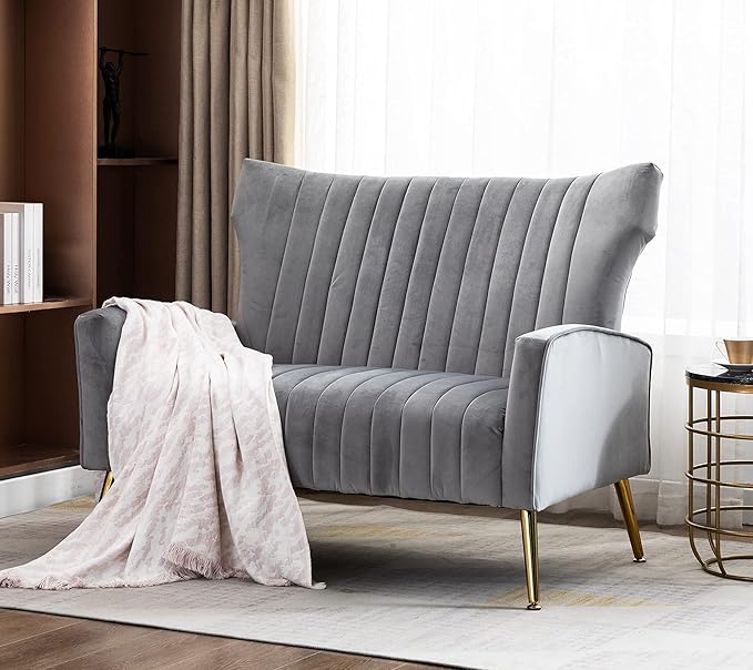 Artechworks Tufted Contemporary Velvet Wingback HighBack Loveseat Sofa Chair Upholstered Couch with Gold Metal Legs Two-Seat Sofa for Living Room Bedroom Apartment Small Space Dorm Grey