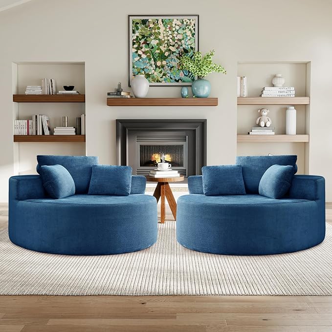 Modern Round Accent Sofa Chair for Living Room Upholstered Soft Terrycloth Barrel Lounge Arm Chair with Large seat&ampThrow Pillows for Bedroom Office Apartment Blue