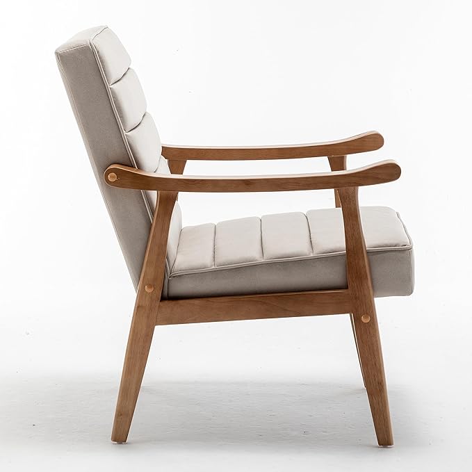 Unique Mid Century Modern Accent Chair with Open-Framed Armchair Design Plush Foam Cushioning and Leather-Look Microfiber Seat and Back Cushions Beige