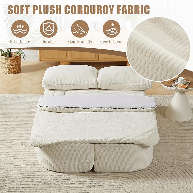 Convertible Folding Sofa Bed 75 Futon Floor Couch Modular Sleeper Loveseat Sectional Couches Boneless Cloud Plush Fluffy Fabric for Living Room Guest Room No Assembly Required Beige