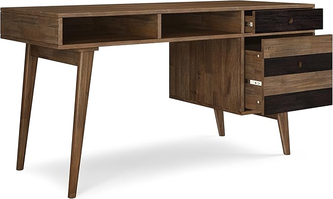 SIMPLIHOME Clarkson Desk - 60 Inch Wide Solid Acacia Wood Writing Desk in Rustic Natural Aged Brown Contemporary Home Office Computer Table for Study with 2 Side Drawers and Open Storage Compartments