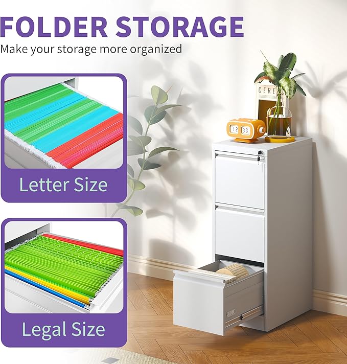 3 Drawer Small Metal Vertical File Cabinet with LockUnder Desk Storage OrganizerFiling Cabinets for Home Office Locking Drawers for A4 Legal/Letter Size3White