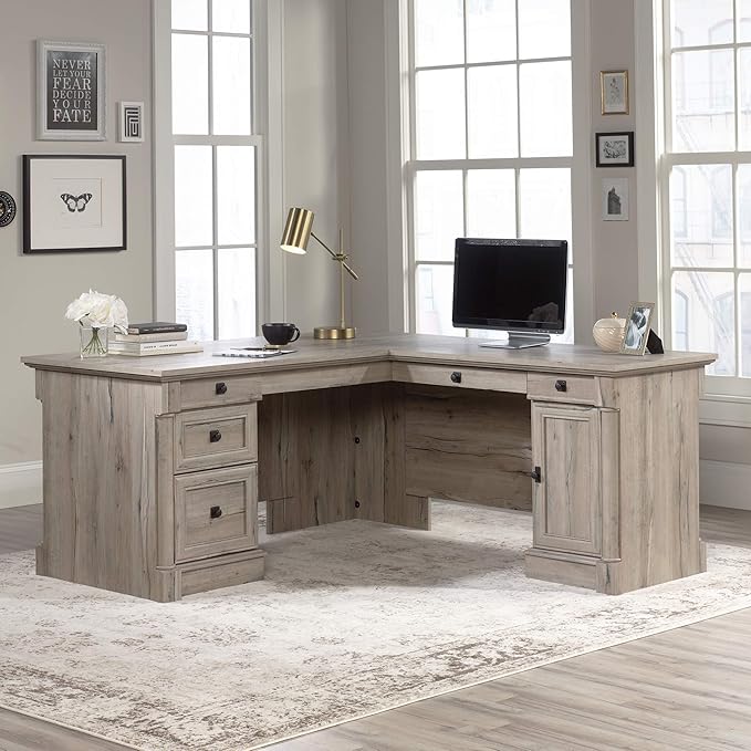 Sauder Palladia L Shaped Desk with Drawers Office Desk with File Cabinet Storage Cable Management Keyboard Tray in Split Oak finish
