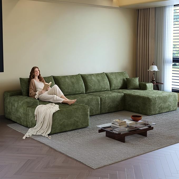 135.4 U Shaped Sectional Corduroy Boneless Couch with 1 Ottoman Modern Modular Couches for Living Room Apartments Upholstered Cloud Sofa with Deep Seat No Assembly Required (Green)