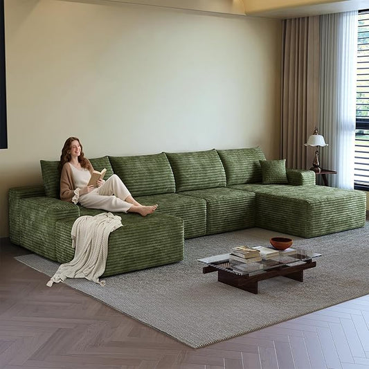 135.4 U Shaped Sectional Corduroy Boneless Couch with 1 Ottoman Modern Modular Couches for Living Room Apartments Upholstered Cloud Sofa with Deep Seat No Assembly Required (Green)