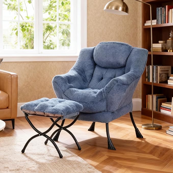 Lazy Chair with Ottoman Modern Accent Chair Contemporary Lounge Leisure Sofa Chair with Armrests Reading Chair and Folding Footstool Set for Living Room Bedroom Office Velvet Black