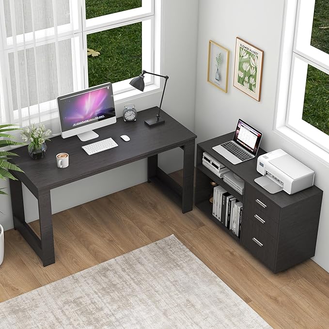 MU 55inch White L Shaped Desk Corner Computer Desk with 3 Drawers and 2 Shelves Writing Office Table with Storage File Cabinet Large Executive Desk with Wheels for Home Office Bedroom (Grey)