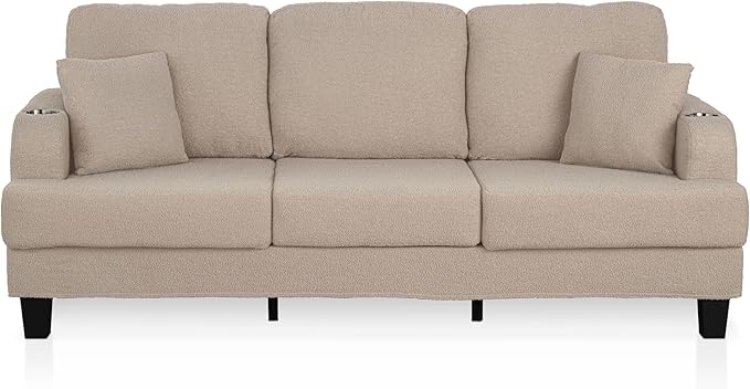 Homes: Inside + Out Reese Modern Plush Boucle Couch with Side Pockets Cup Holders and USB Ports Wooden Comfortable Sofa for Living Room Bedroom and Office Beige