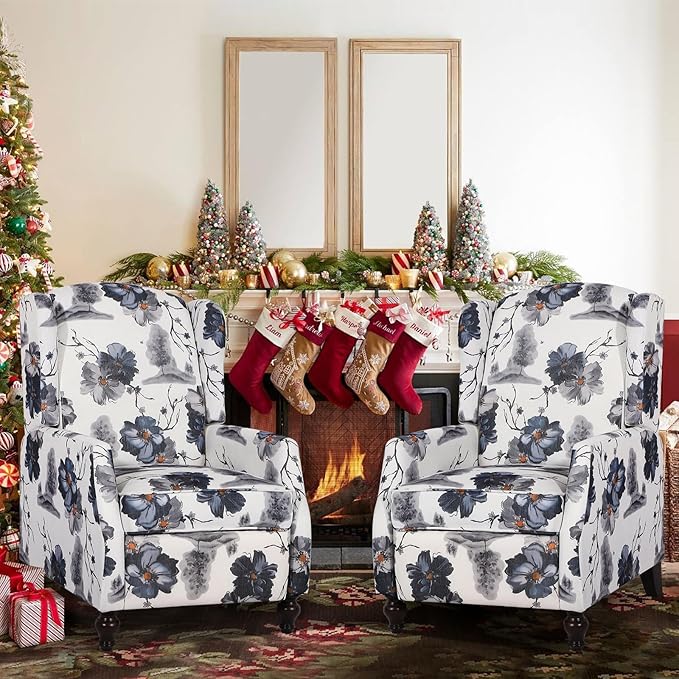 Set of 2 Wingback Recliner Chair - Tufted Arm Chair Recliner - Fabric Push Back Single Sofa for Living Room Adjustable Backrest (Blue Floral)